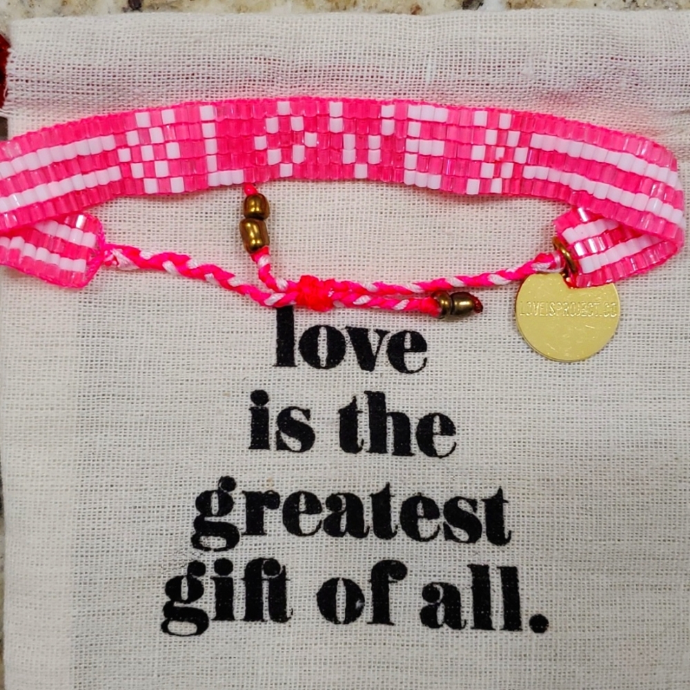 NEW Pink LOVE Bali Seed Bracelet & Gift Bag Love Is Project